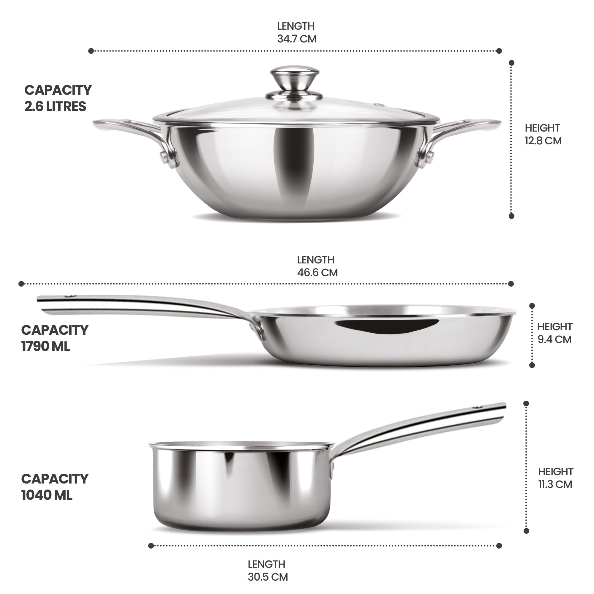 Milton Pro Cook Induction Cookware & Gas Stove Friendly Triply Stainless Steel 4Pc Cookware Set | Tea Pan 16 cm | Fry Pan 22 cm | Kadai with Glass Lid 24 cm | Even & Fast Cooking | 3 Years Warranty 3