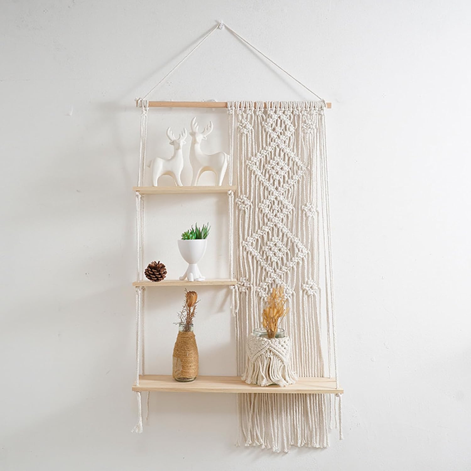Mensola da parete in legno macramè, decorazione da parete bohémien, 3 livelli per appendere piante, foto, decorazione da parete rustica con nappa e corda tessuta per casa, camera da letto