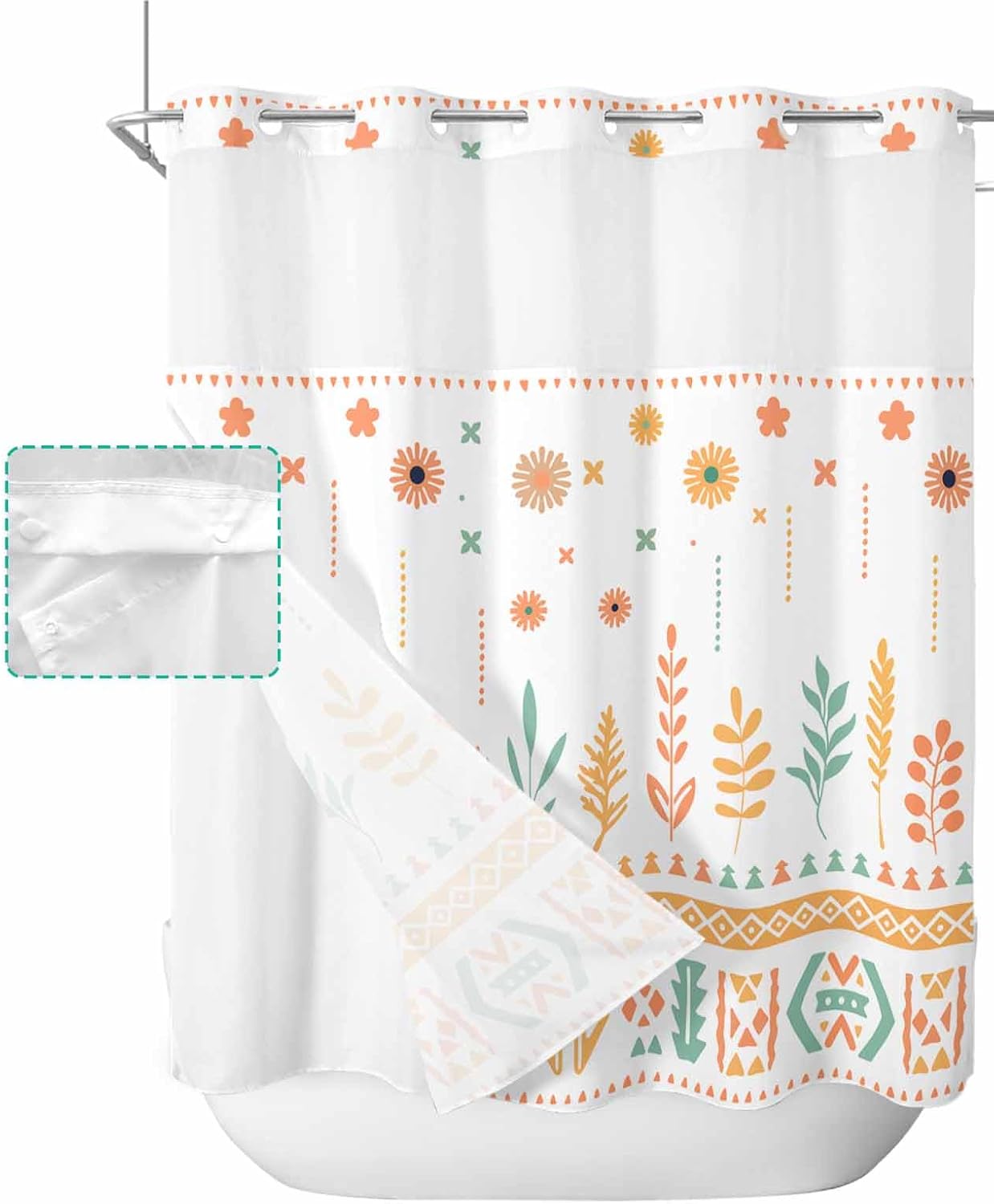 ALAGEO Shower Curtain with Snap-in Fabric Liner Set Western Aztec No Hook Shower Curtain with Mesh Top Window White Ethnic Floral Grass Shower Curtains Waterproof 72x72