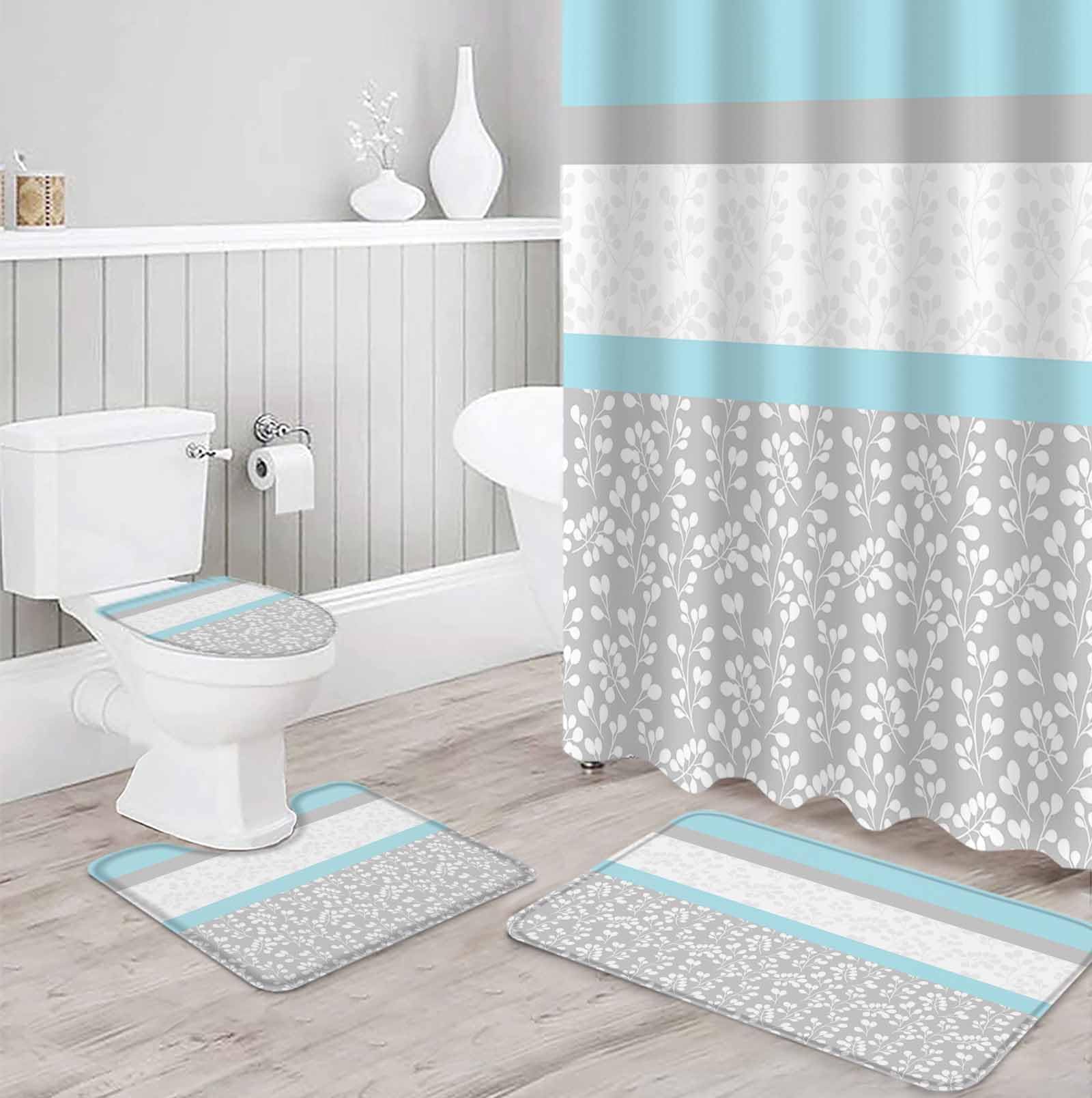 Sky Blue Grey Bathroom Set with Shower Curtain and Rug Accessories - 36x72 Inches Long Chic Garden Floral Stripe Embroidery Design Stall Curtain Waterproof with Large Bath Mat,Washable Runner Rug Set