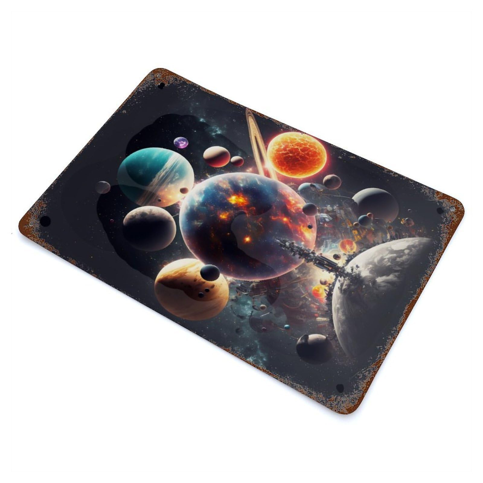 Space Scene with Planets Rusty Metal Tin Sign 11.8"x7.9", Industrial Home Decor for Garage, Pub Or Kitchen