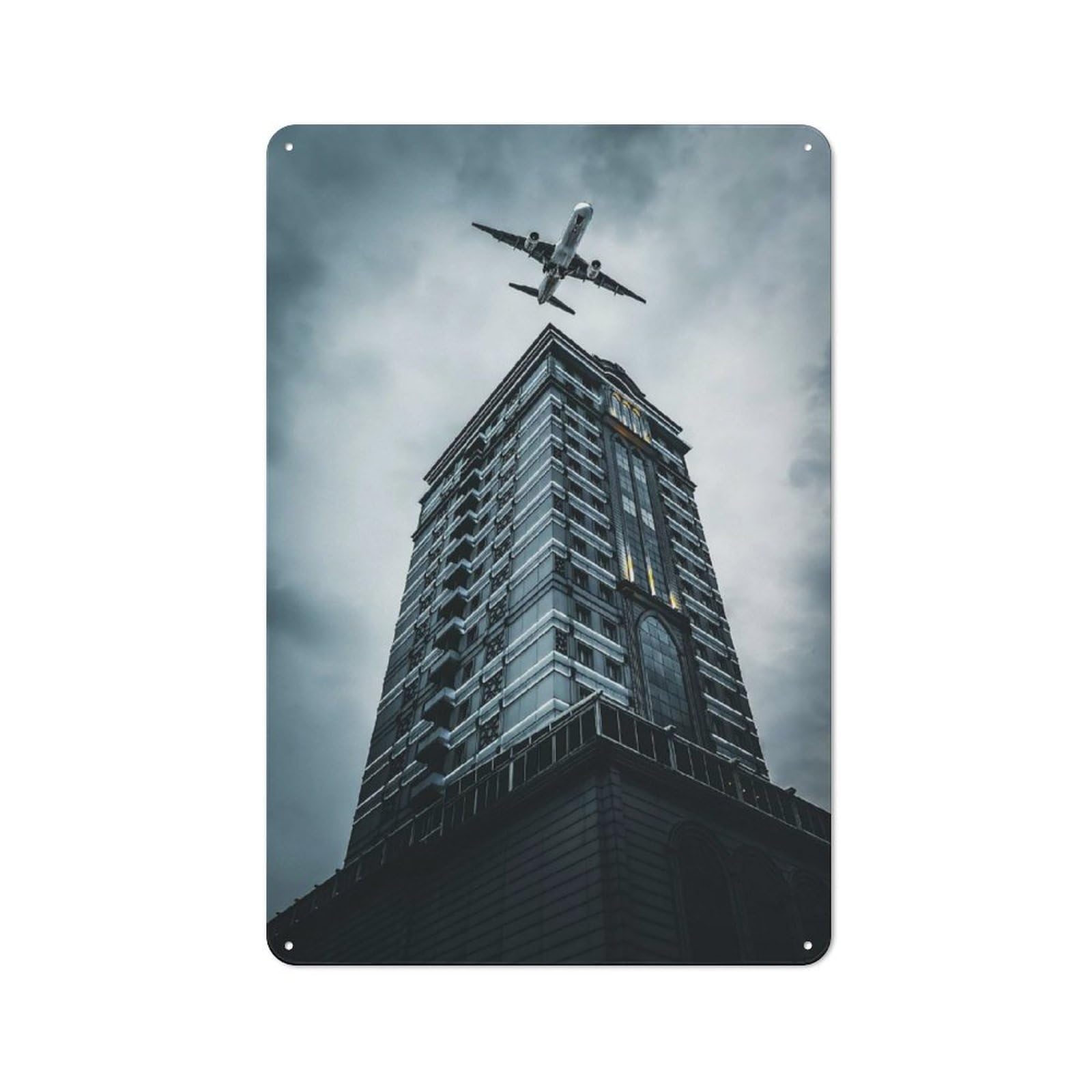 Understated Office Metal Sign 30x20cm Featuring Airplane Over Skyscraper, Studio Wall Plaque for Office, Study, Studio Or Hallway