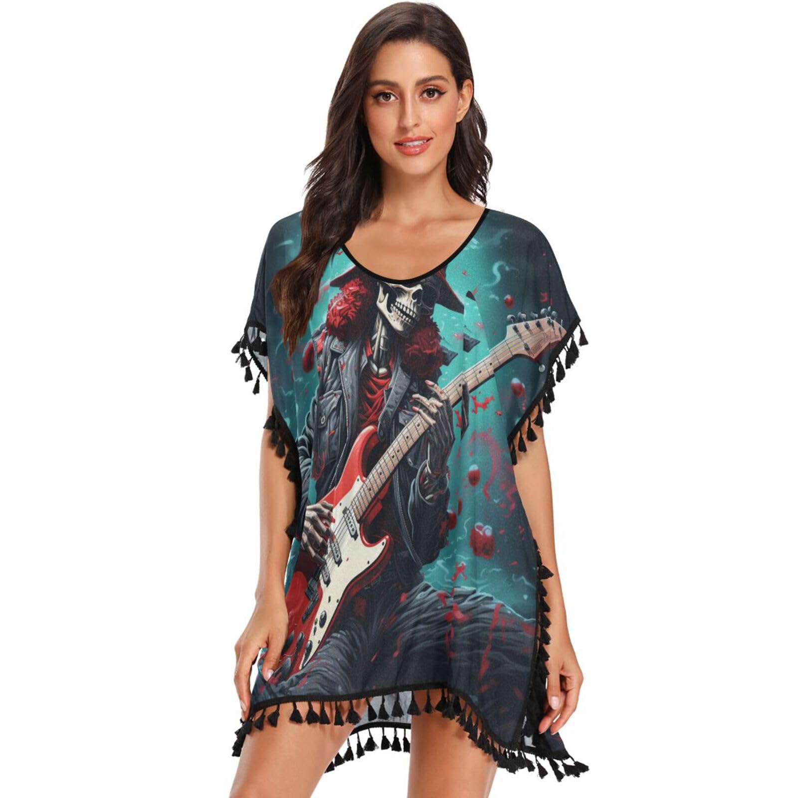 KAAVIYO Blue Cool Music Santa Women's Beach Cover Up Chiffon Tassel Swimwear Swimsuit Coverups for Girl