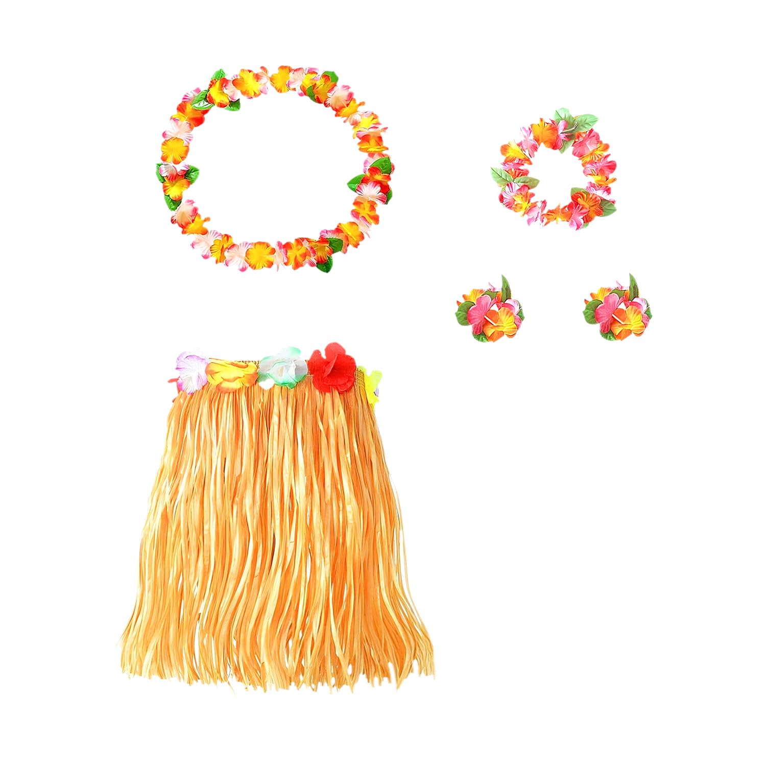 Hopzab Hawaiian Hula Skirt Set, Orange Grass Skirt, Tropical Party Costume, Elastic Waistband, Festival Beach Outfit, Complete Accessory Pack