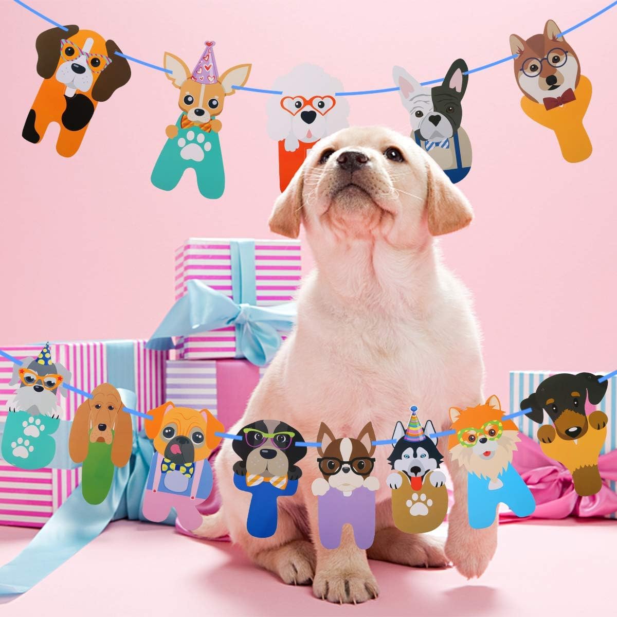 PartyToko Dog Happy Birthday Wreath Dog Face Birthday Paper Decoration Pet Portrait Bday Banner Theme Party Supplies Baby Shower Party 1pcs 3