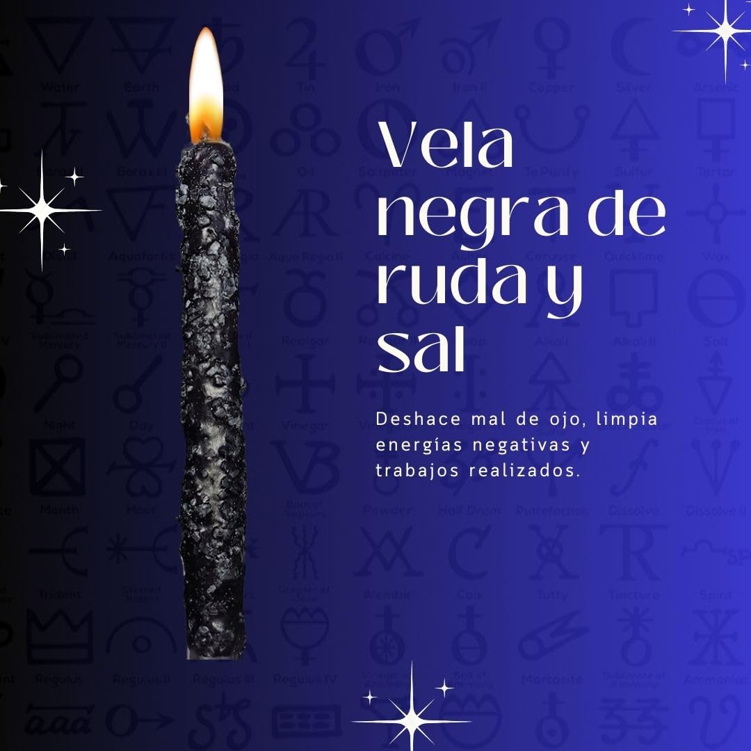 6 velas de ruda con sal 11cm - Velas ritualizadas - Aleja las malas y atrae buenas energías (NEGRAS)