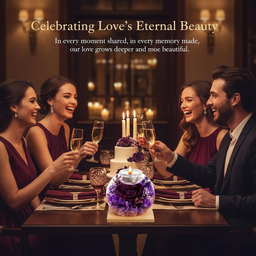 Eternal Preserved Real Rose, Glass Dome Gift Set with 18 Scented Candles (9 Rose,9 Vanilla), Mother's Day Valentine Christmas Birthday Gift for Women Mom Girlfriend Wife Home Decor (Dark Purple) - Image 7