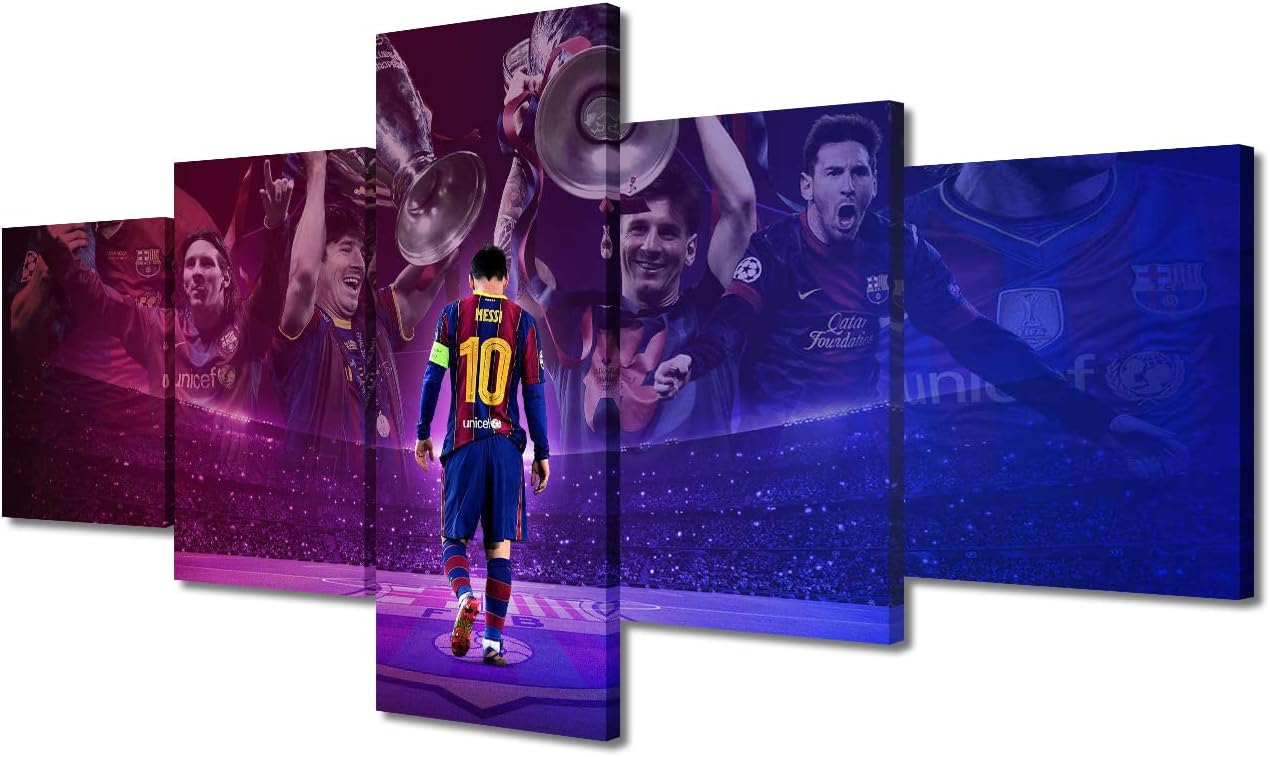 Messi Poster Canvas Art Wall Sports Theme Wall 5 Panel Football Soccer Super Star Artwork Print Modern Decor Canvas Wall Art Decor for Living Room Bedroom Boy Girl Framed Ready to Hang 50x24 in
