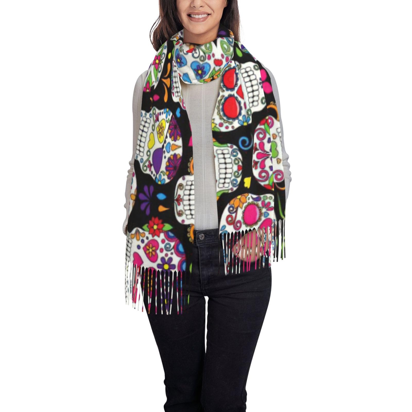 Flghjnbjn Women's Black Sugar Skulls Print Winter Scarf For Shawl Cashmere Feel Tassel Plaid Large Oversized Scarves Wraps