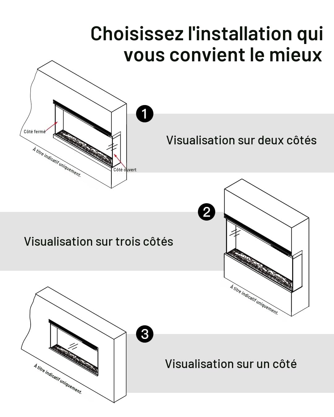 M.C.Haus Cheminée Electrique de Luxe à 3 Faces avec 3 Possibilités D'installation, Cheminée Encastrée dans Un Mur Multimédia, Effet de Flamme Electrique avec 9 Couleurs, 1800W, 153cm/60inch, Noir