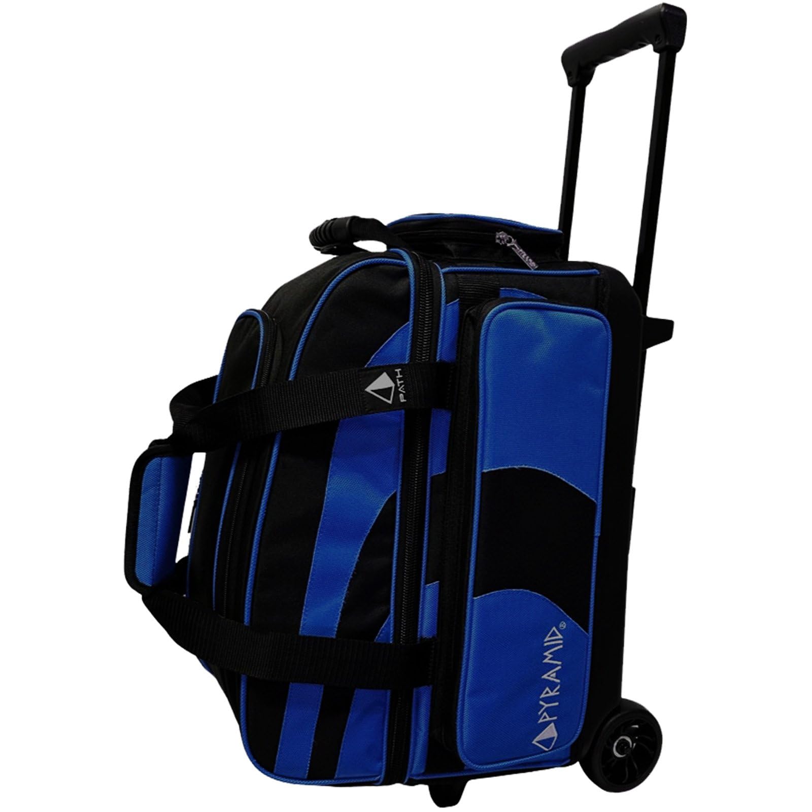 pyramid deluxe double roller 2 ball bowling bag with large separate shoe compartment (up to 2 pairs of shoes) and accessory pockets, sturdy square handle - extends to 40" - pro options available