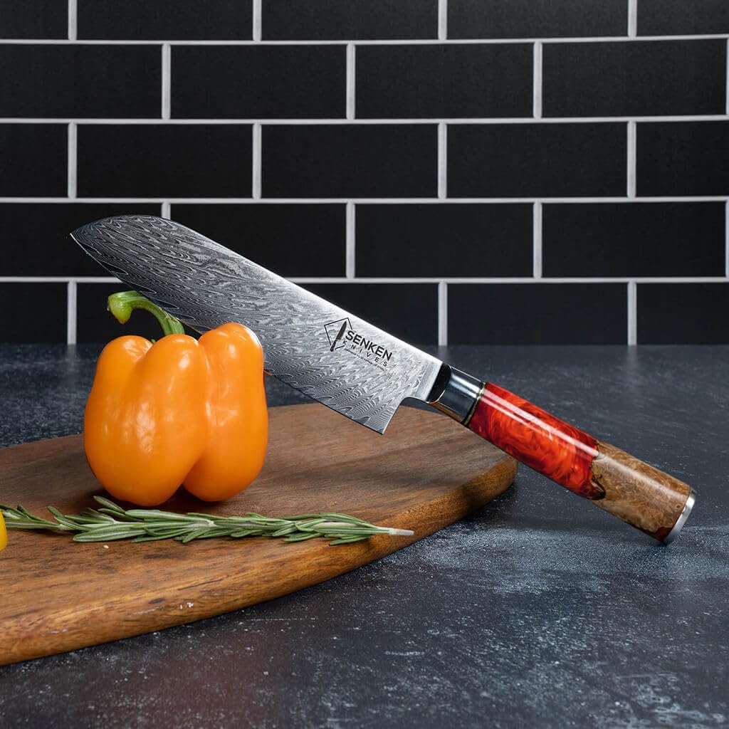 SENKEN 7-Piece Damascus Kitchen Knife Set - Tsunami Collection - 67-Layer Japanese VG10 Steel - Chef's Knife, Cleaver, Santoku, Bread, Boning, & More (Red Resin Blend) — Amazon image 8