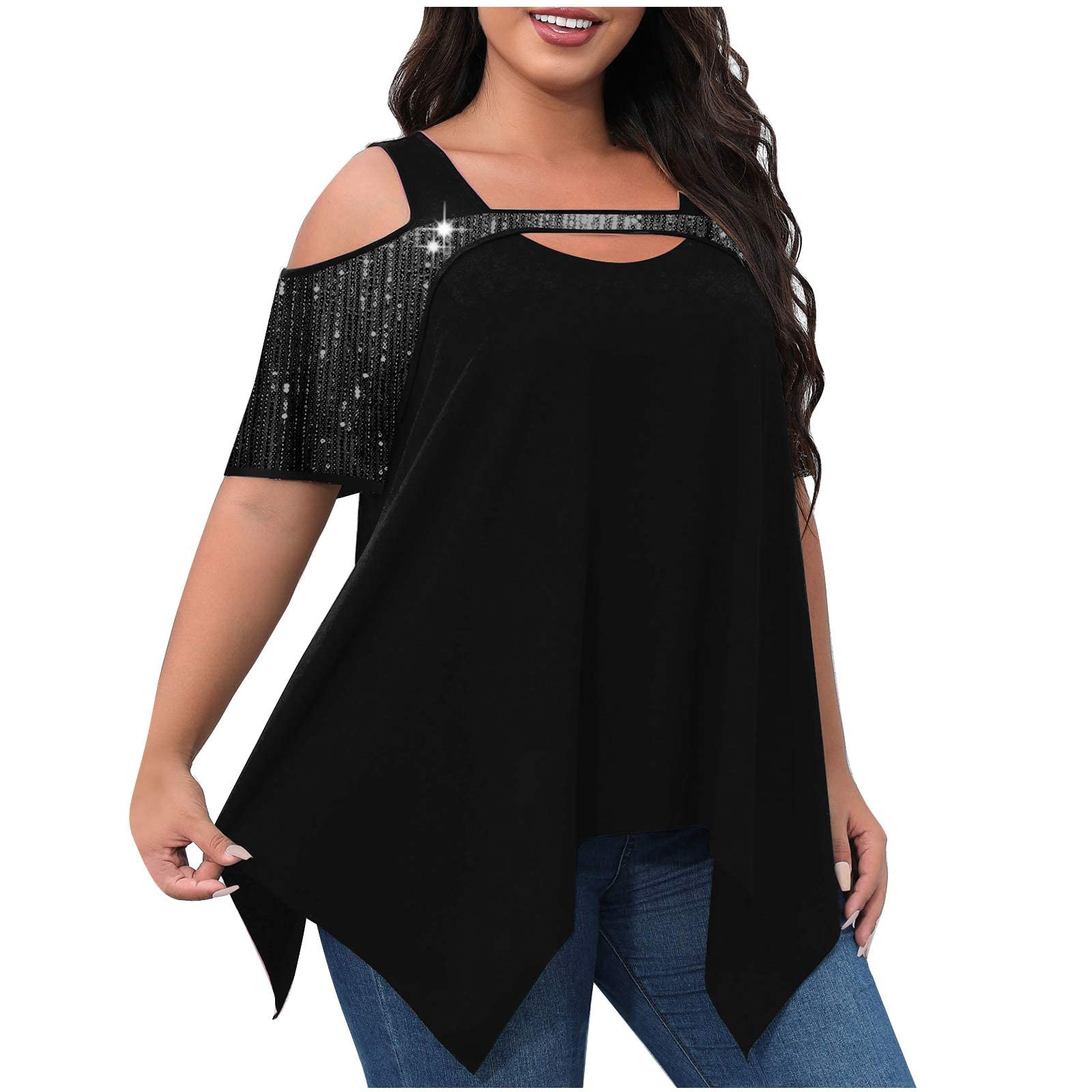 2024 Camiseta de Manga Corta Mujer Moda Color sólido Camisa un Hombro Lentejuelas Verano Suelto Túnica Tops Talla Grande Sexy Casual Fiesta T-Shirt Original tee Camisetas Irregular Blusa