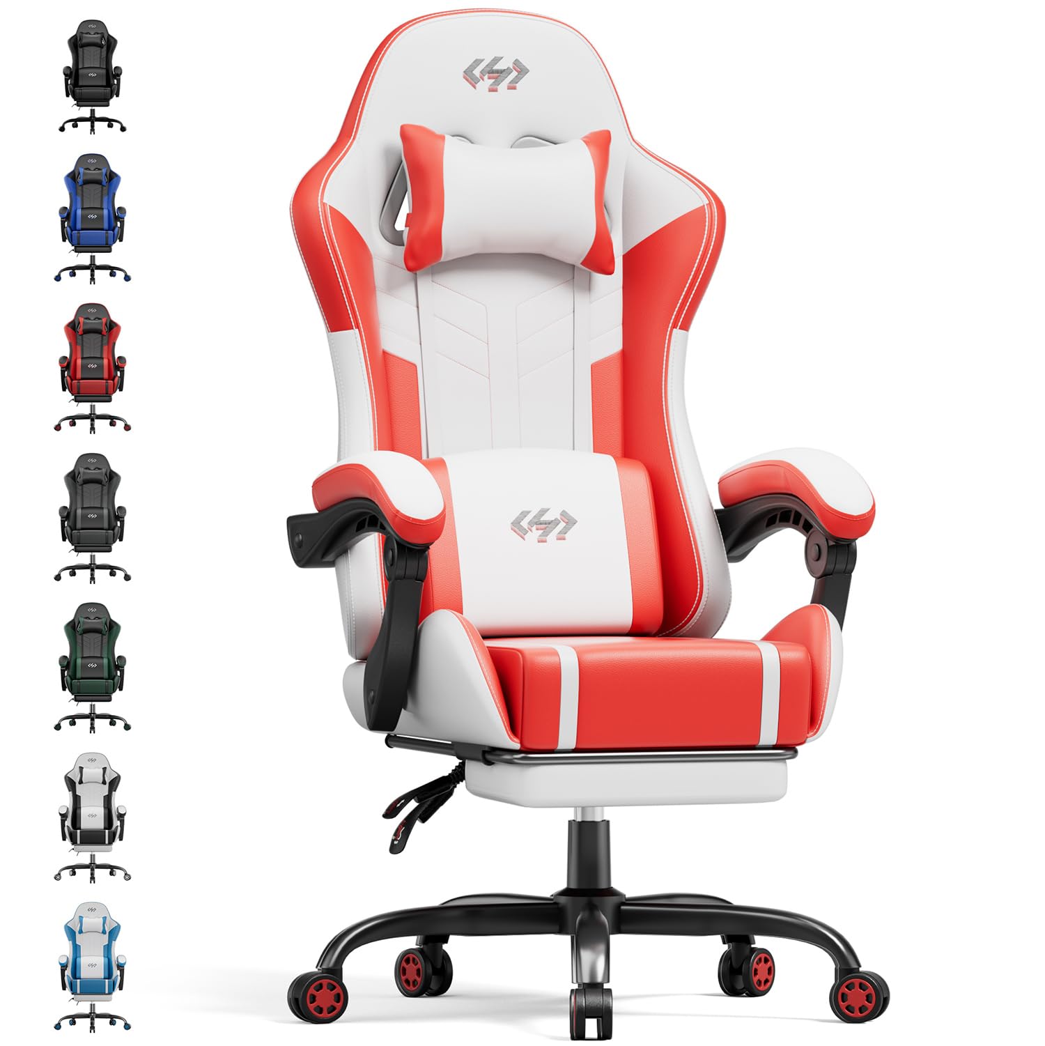 HLFURNIEU Silla Gaming con Masajeador, Silla Gamer Ergonómica con Cojín Lumbar Masajeador y Reposapiés, Sillón Gamer Altura Ajustable, Cadeira Gaming Blanco y Rojo