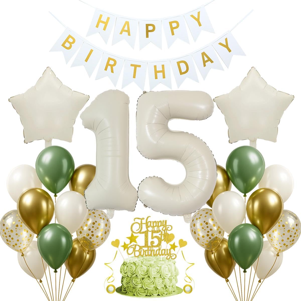 Jxuzh 15th Birthday Decoration Sage Green Decoration 15th Birthday Boy Girl 15th Birthday Decoration Boy Girl Balloon 15th Birthday Beige White Birthday Decoration 15 Years Cake Decoration for 15th