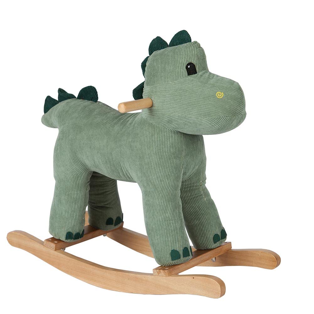 BAKAJI Dinosauro a Dondolo Cavalcabile Giocattolo per Bambini con Suoni Realistici e Struttura in Legno Resistente e Tessuto, Gioco Prima Infanzia, Sedia Design Animale, Idea Regalo per Cameretta