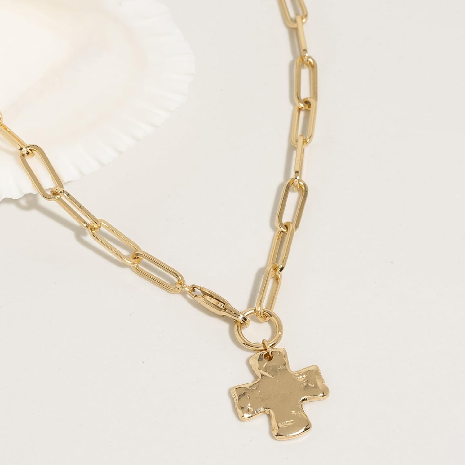 Chunky Gold Cross Necklace for Women, Non Tarnish Thick Golden Hammered Bold Statement Pendant Vintage Paperclip Stacks Toggle Necklace Jewelry Gift - Image 4