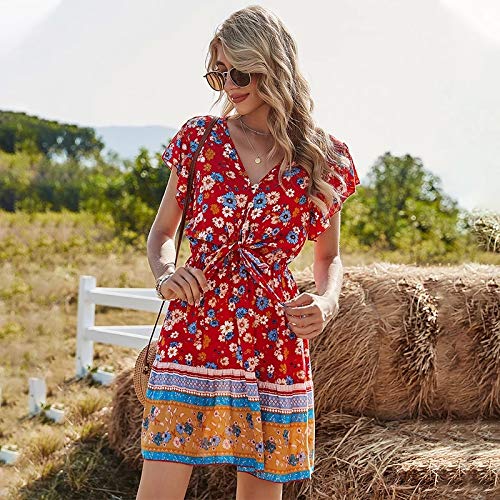 Bestsmile Flores de verão com babado estampado feminino manga curta vestido casual bandagem cintura