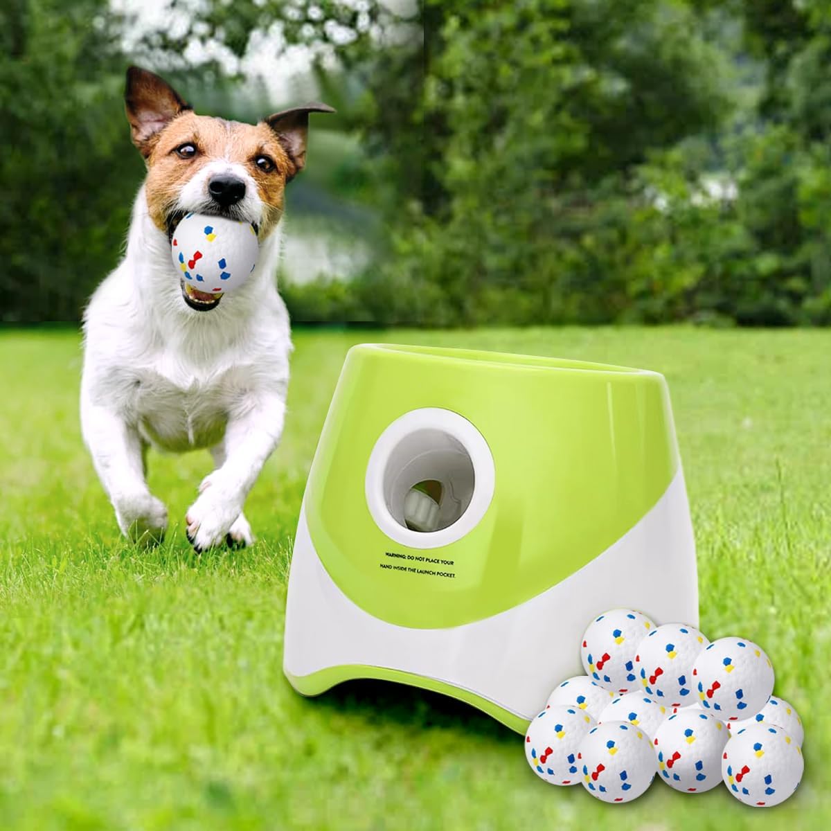 Interactive Automatic Ball Launcher for Dogs, 20-46Ft 3 Distance, Ball Thrower for Medium&Large Dogs, with 12pcs 58mm ETPU Tennis Balls, Rechargeable Dog Toy, for Outdoor Lawn