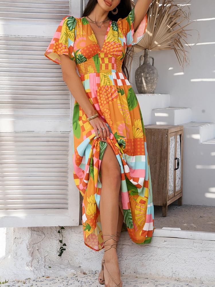 Image of Boho Floral Maxi Dress for Women 2026 Empire Waist Short Sleeve Dresses Summer Beach Vacation Wedding Guest Outfit