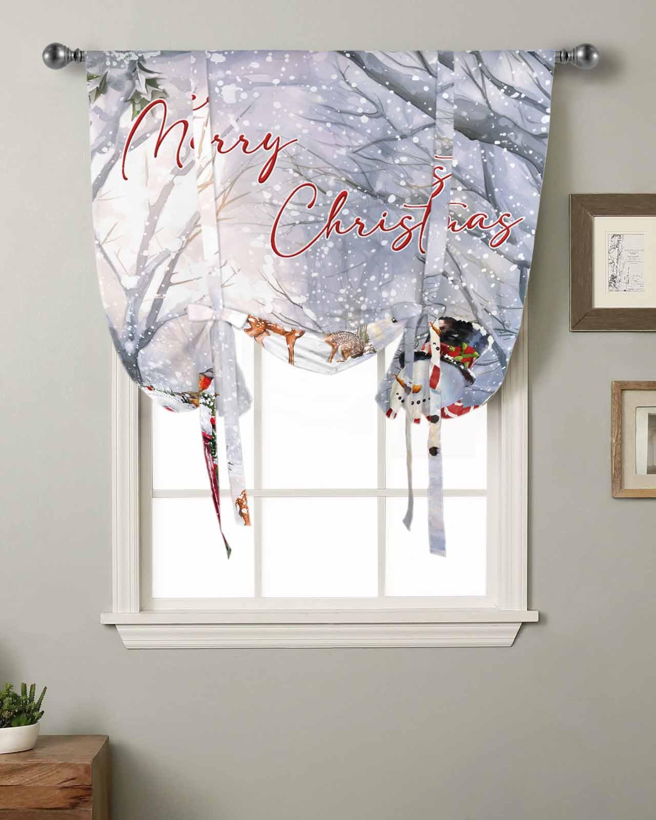 MISHKIN Merry Christmas Snowman Tie Up Curtain for Window Blackout Balloon Valance Curtain for Bathroom Winter Xmas Elk Bunny Birds Adjustable Window Shade for Kitchen Living Room Bedroom 34