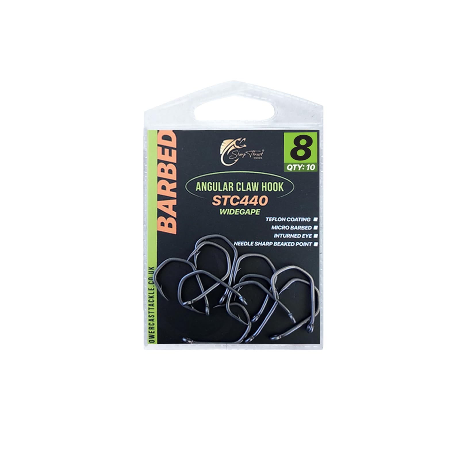 Angular Claw Carp Hooks Wide Gape - STC440, PTFE Coated Barbed/Barbless Claw Hooks size 2 to 8 for Carp fishing (Barbed, 8)