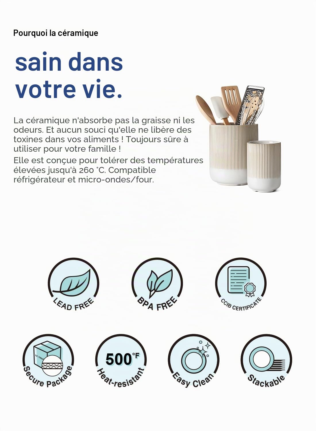LE TAUCI Porte-ustensiles, 18,5+14cm Céramique Pot à Ustensiles de Cuisine, Grand Organisateur de Plan de Travail pour Spatules, Lot de 2, Blanc Arctique Réactif