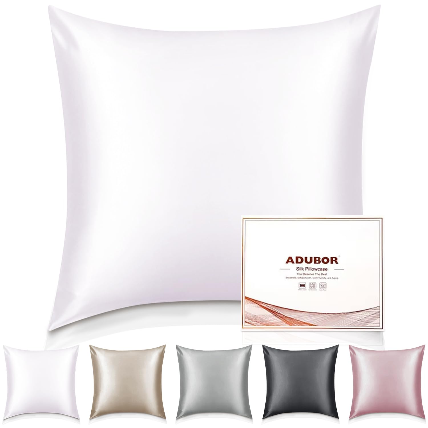 Adubor 100% Seidenkissenbezug 80x80cm für Haar und Haut, mit verstecktem Reißverschluss, beide Seiten, 23 Momme Seide, Fadenzahl 900 (reines Weiß, 1 Stück)