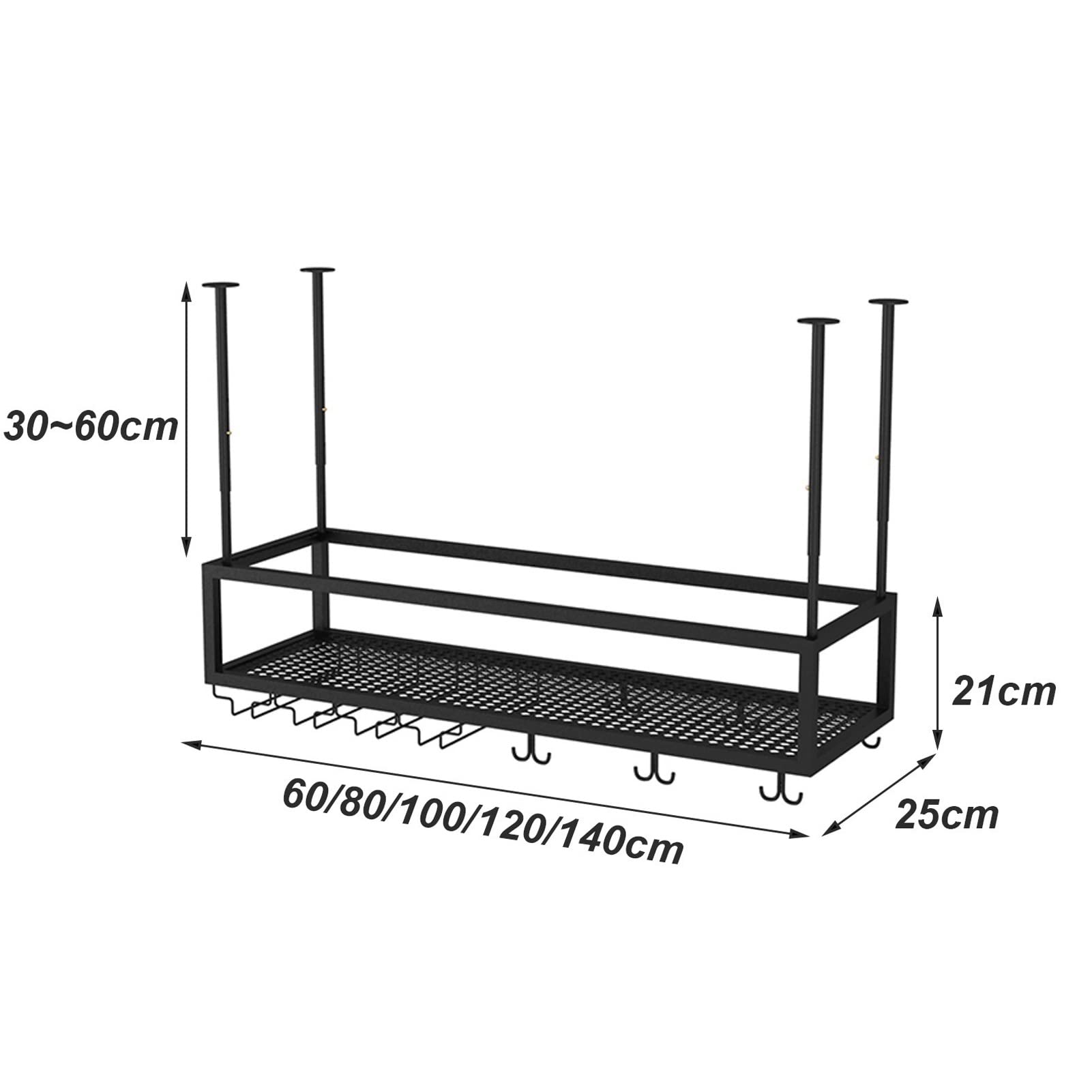 Metalen flessenrek wijn opslag houder, drijvende wijn plank metalen plafond display wijn plank met stemware glas decoratie houder voor keukenbar (Size : 60x25x21cm
