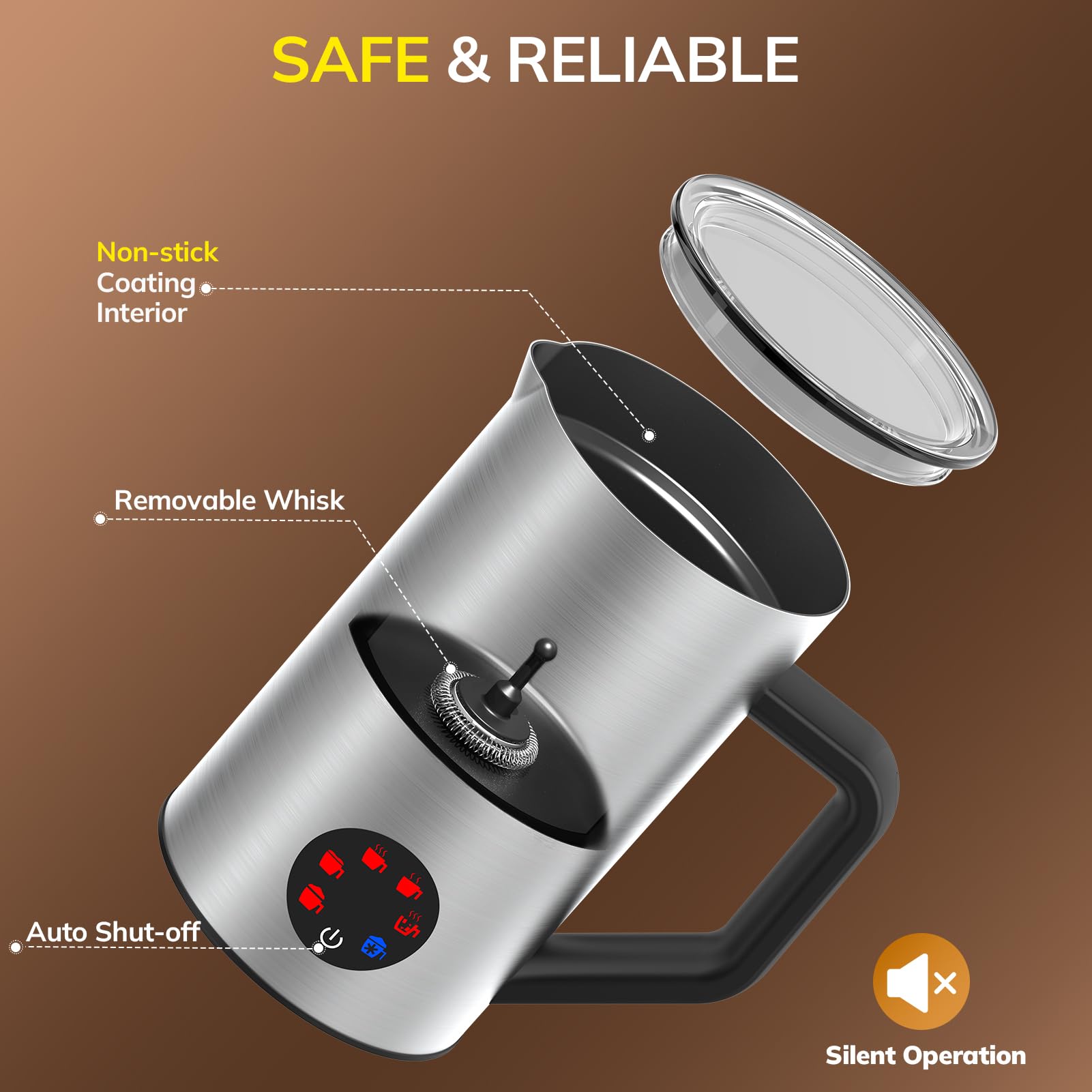 Morpilot Espumador de Leche Eléctrico, Milk Frother 6 en 1 para Leche Caliente y Chocolate, Espuma Caliente y Fría, 350 ml, 550 W, Acero Inoxidable
