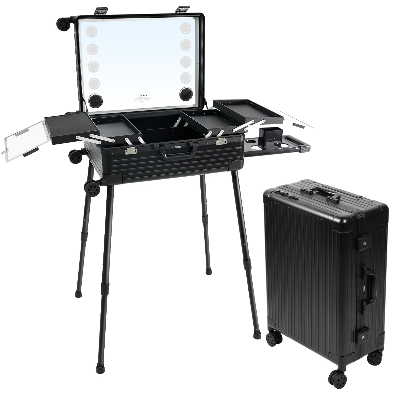 EBANKU Kosmetikkoffer Trolley Schminkkoffer, 24in PC Rolling Makeup Train Case Professionelle Künstler Kosmetik Organizer mit Spiegellichtern Nail Tech Organizer Storage, 4 Display-Tasten (Schwarz)