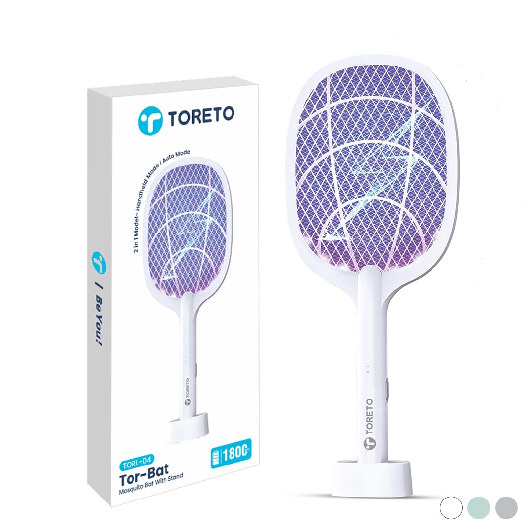 Toreto Mosquito Killer Racket Bat | 2 in 1 Auto Mode | UV Light | Mosquito Swatter/Zapper | Dense and Powerful Net | Electric Insect Killer bat | 1800mAh Rechargeable Powerful Battery | Made in India