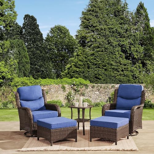 HILLGA Luxury Outdoor Swivel Rocker Patio Chairs of 2 with 6 Inch Thick Cushions and Side Table, Swivel Outdoor Chairs 5PCS High Back Wicker Patio Furniture Set for Porch, Balcony, Deck in Blue
