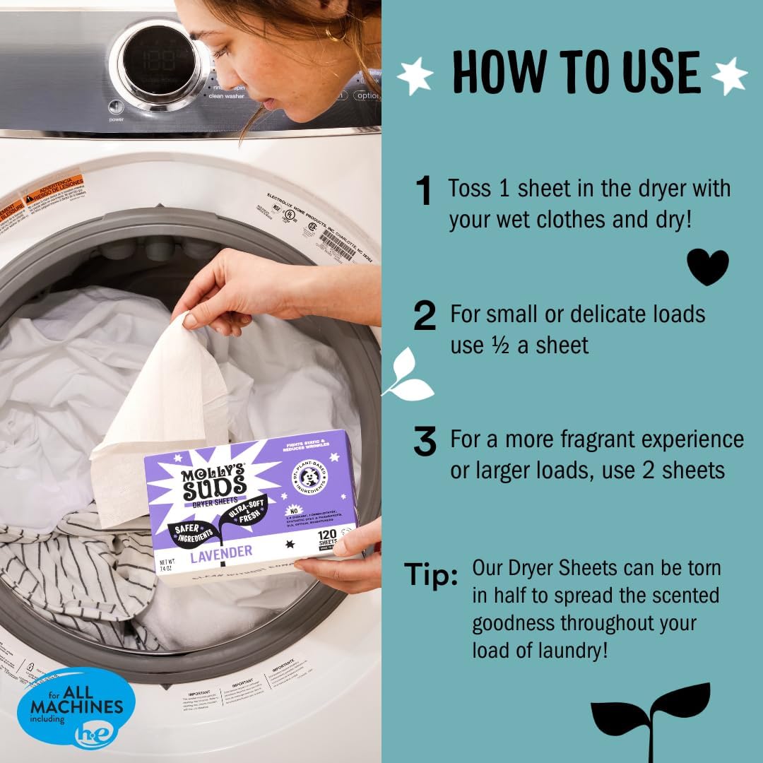 M's Suds Fabric Softener Dryer Sheets for Sensitive Skin | Plant-Based