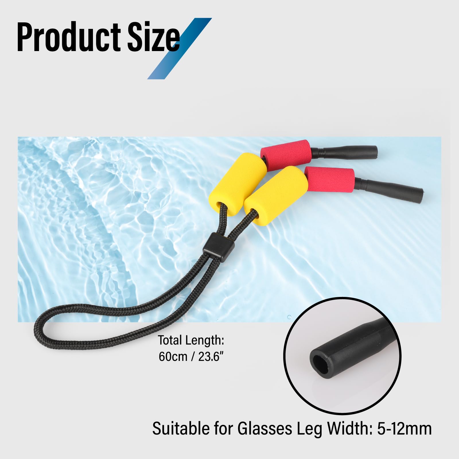 Confezione da 2 cinturini galleggianti per occhiali da sole, ideali per nuoto, snorkeling, rafting, colori brillanti, grandi fori per aste superiori a 5 mm (nero (2 paia)