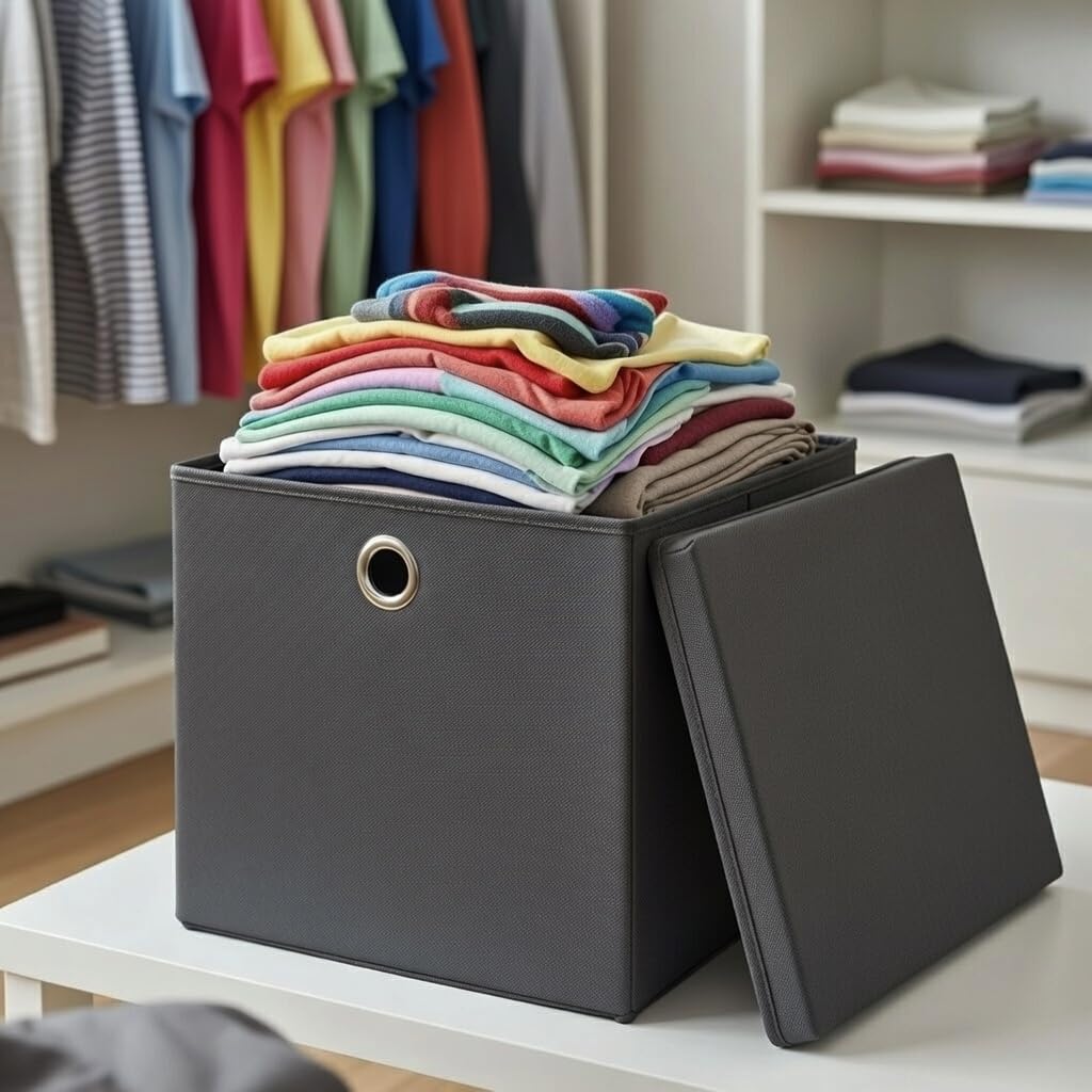 Stick&Shine 4x Aufbewahrungs Korb Dunkelgrau Faltbox 33 x 33 x 33 cm Regalkorb faltbar mit Deckel