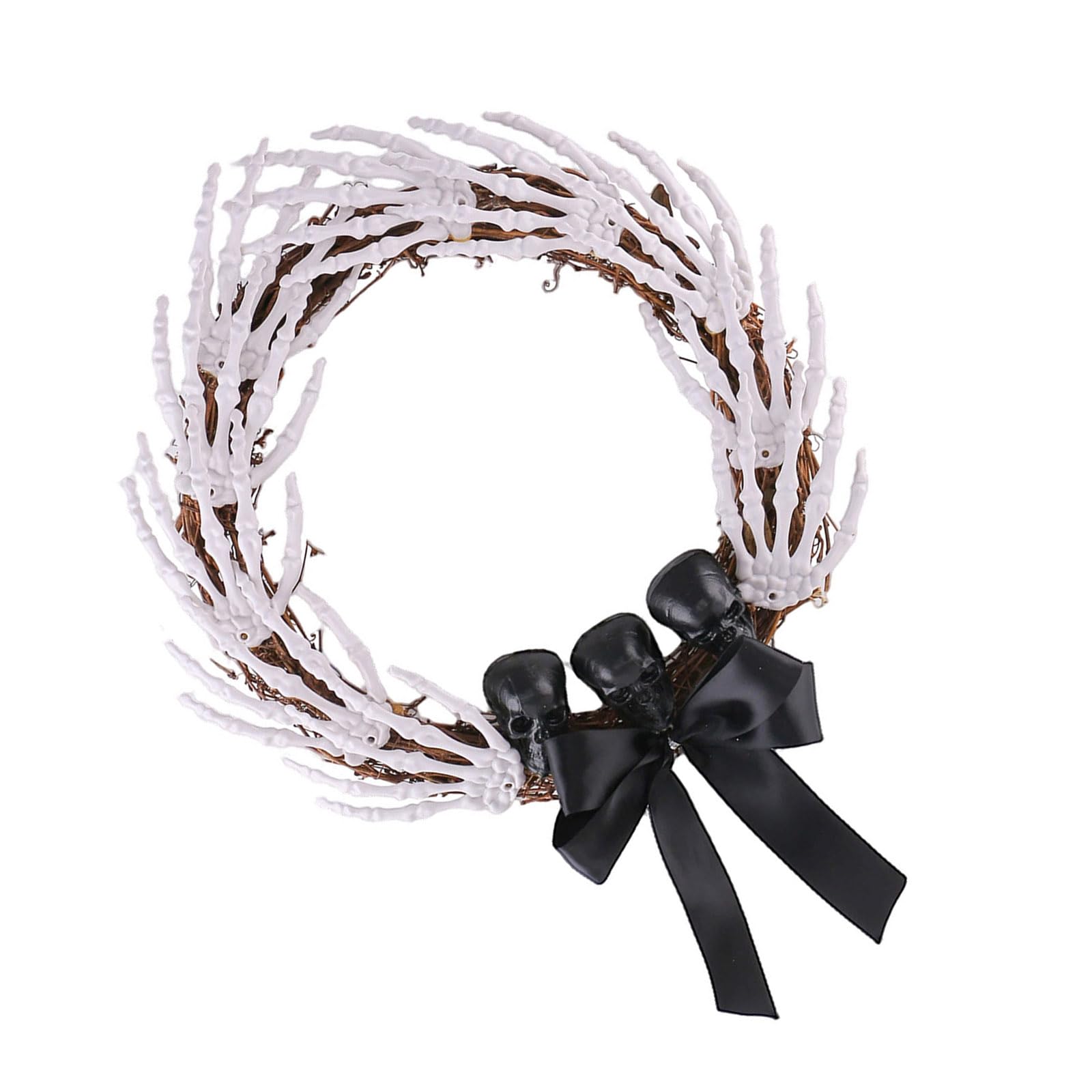 Skeleton Bone Wreath Door Decoration Halloween Skull Garland with Black Ribbon Bowknot Accent for Wall Window Porch Display Window Display