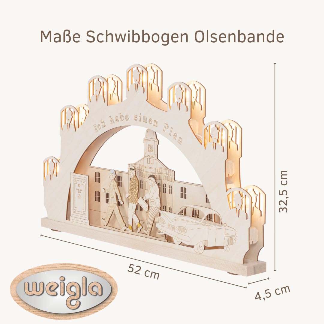 weigla - Schwibbogen original Erzgebirge I Lichterbogen Weihnachten I Motiv Olsenbande I 7 Lampenkerzen + 1 Ersatzlampe I 7 x 34 V, 3 W, E10 I beleuchtete Weihnachtsdeko innen I Ganzjahresdeko