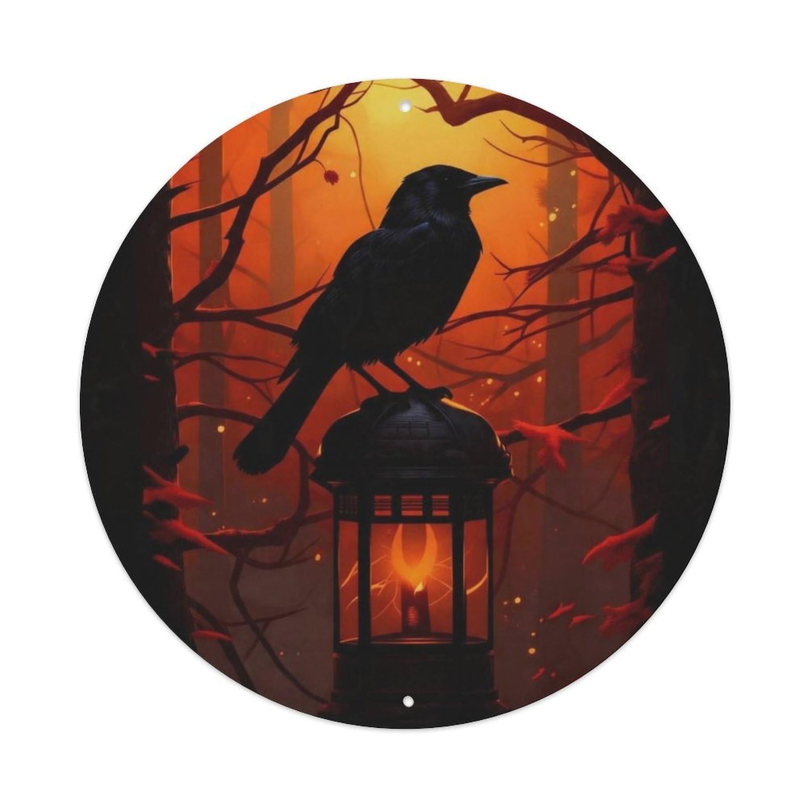 Dusk Forest Crow Vintage Art Round Decor Sign Vintage Aluminium Metal Sign, Retro Wall Decor for Home, Bar, Garage & Farmhouse 20x20cm