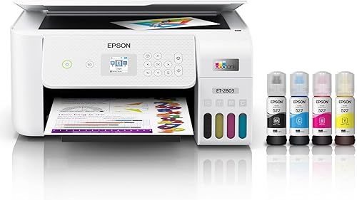 Epson EcoTank ET-2803 Supertank - Impresora inalámbrica de inyección de tinta a color blanco - Copia de escaneo de impresión - 10 ppm, 5760 x 1440