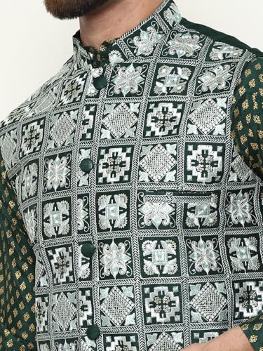 Image of SOJANYA (Since 1958 Men's Silk Blend Printed Kurta and White Pyjama with Embroidered Nehru Jacket