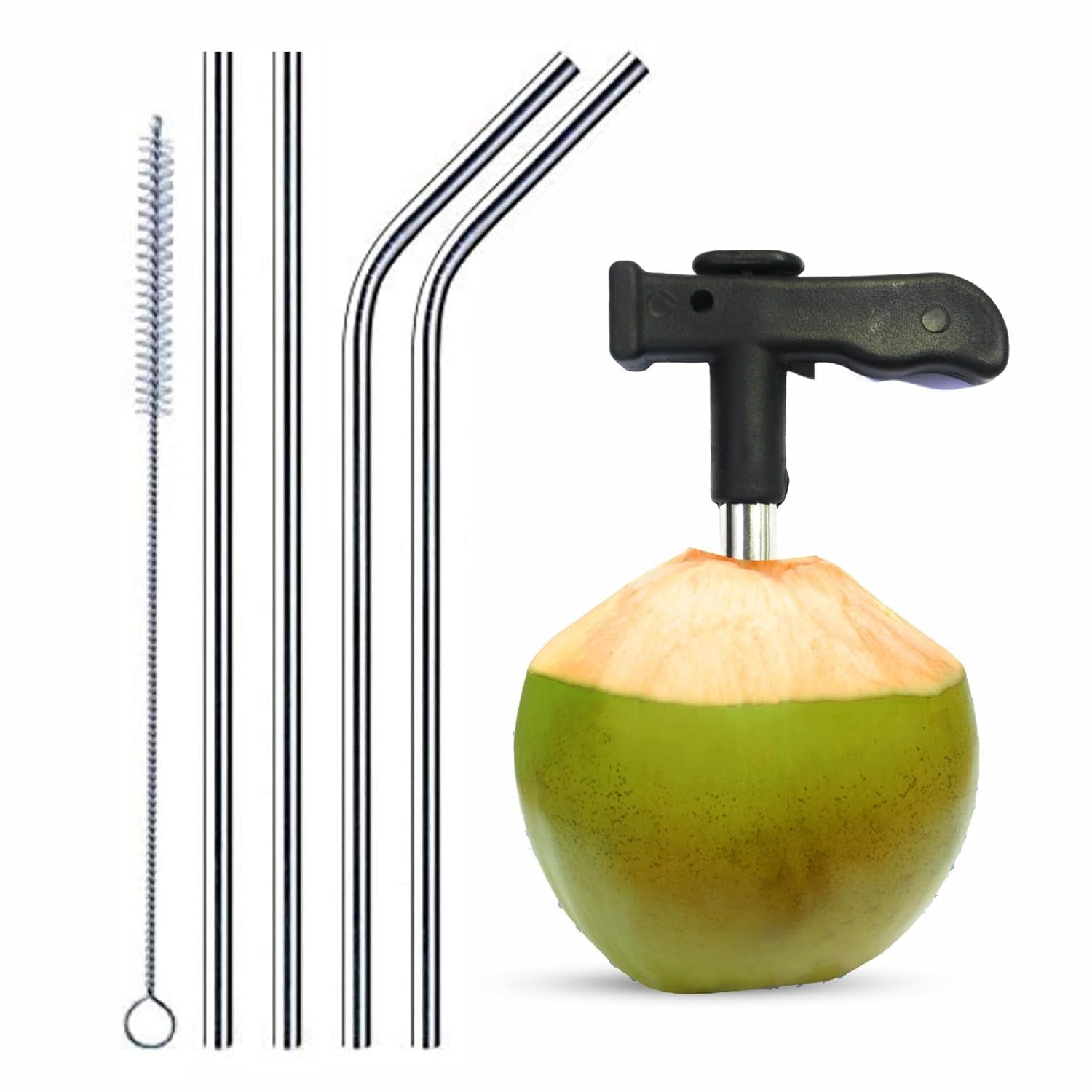 Coconut Opener and 4 Reusable Steel Straw Combo, Safe and Convenient Coco Drill Punch Tool-image-42