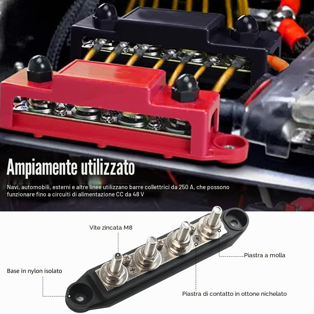 Blocco di distribuzione a 2 binari collettori 12V48V DC con 4 bulloni M8, scatola BuBar da 250 A per auto, camper, barca, yacht
