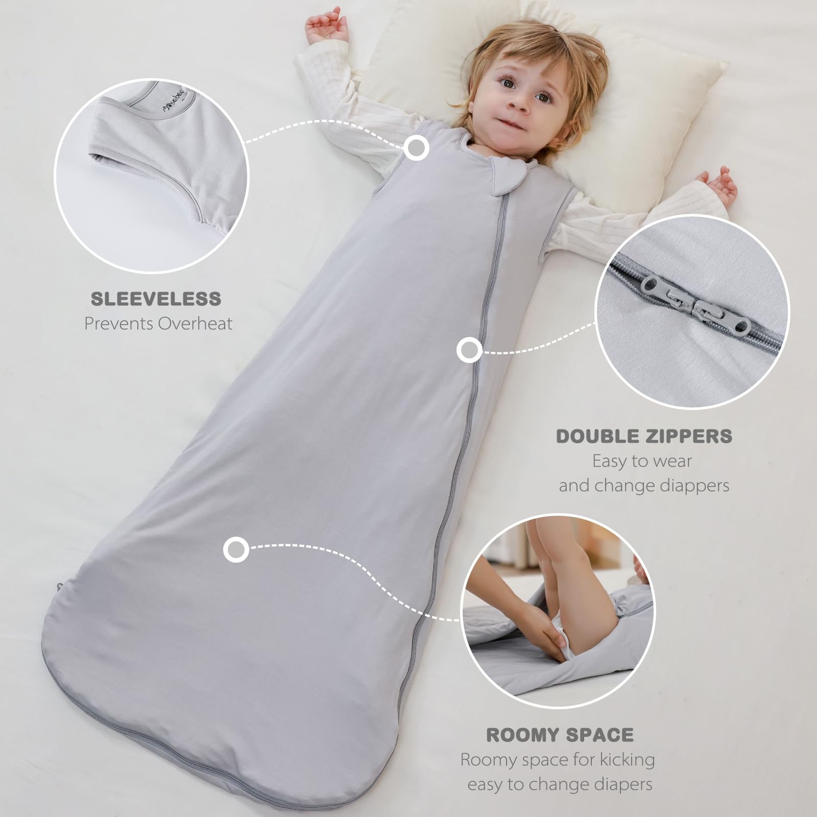Mosebears Sacco nanna invernale per bambini 2,5 tog,Sacco Nanna Neonato in fibra di bambù, morbidissimo e caldo(6-18 mesi,Light grey)