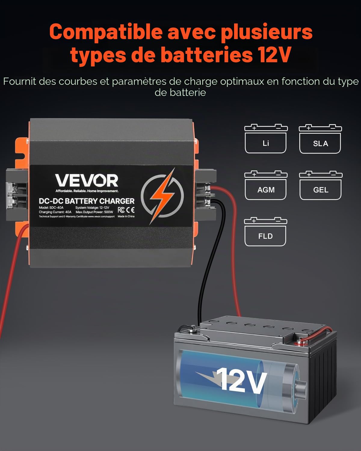 VEVOR Chargeur de Batterie CC à CC 12 V 40 A 500 W pour Batteries Plomb-acide, Lithium, AGM, GEL, Facile à Installer, Chargeur Intelligent Multi-étapes pour Voitures, Camping-cars, Camions, Bateaux
