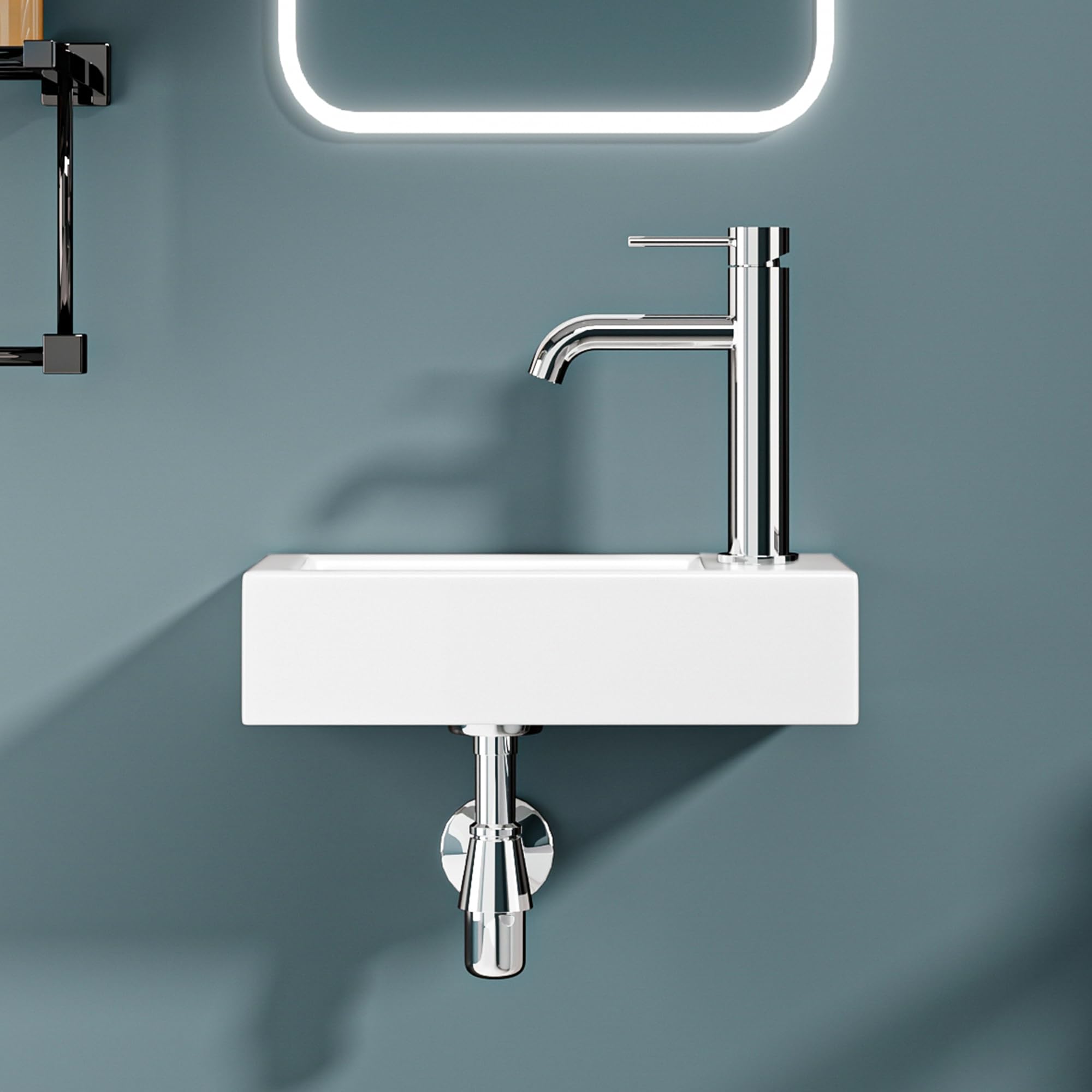 Vasque Lave-Mains Compacte Sortie Droite 36,5x18x9 cm – Lavabo Rectangulaire en Céramique Blanche – Idéal Petits Espaces, Toilettes, WC et Coins Exigus – Installation Facile