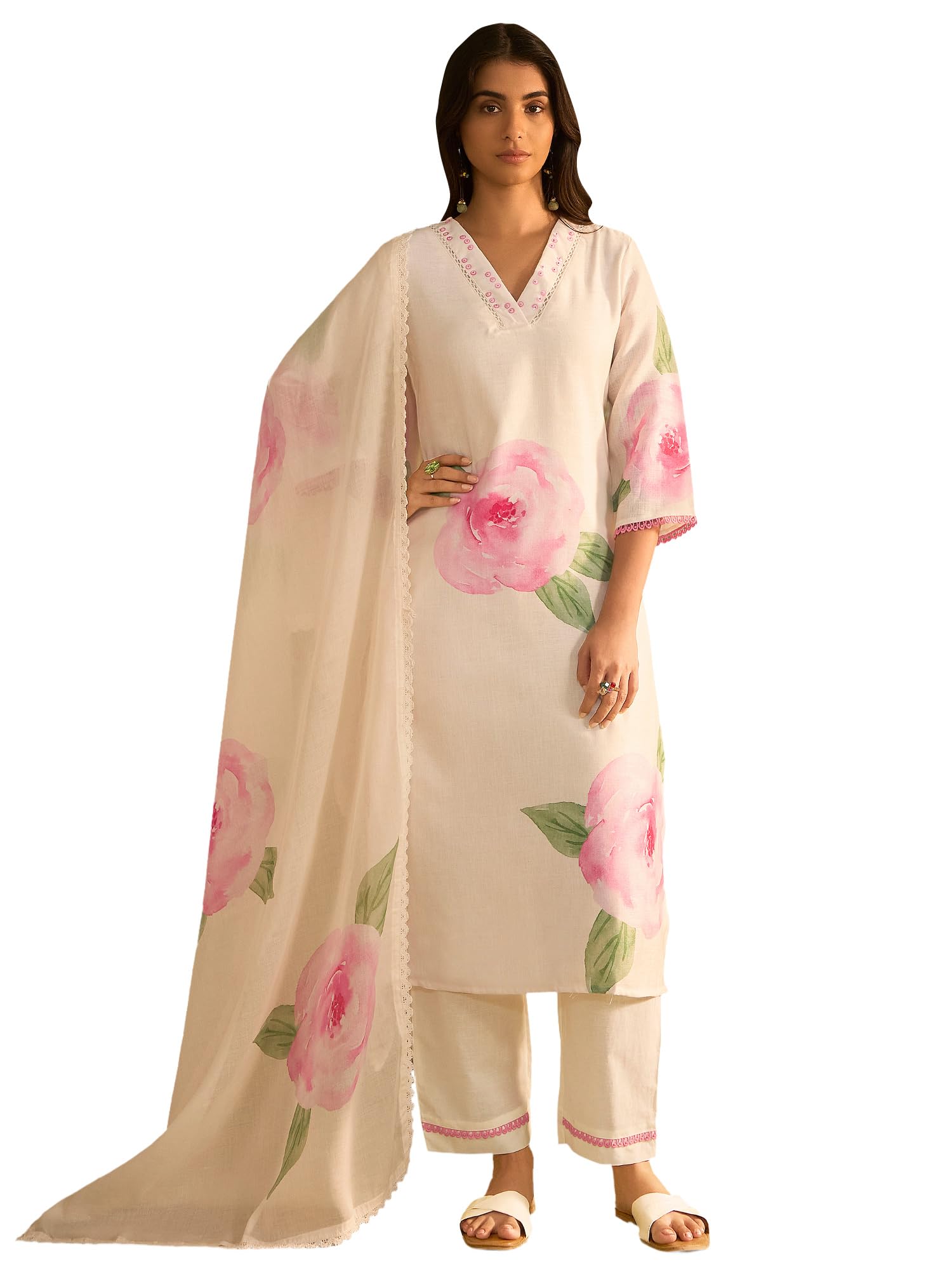 indo era Women's Straight Linen Floral Print with Sequines Work Kurta Pant with Dupatta Set (IEOUT9825)-picture-22