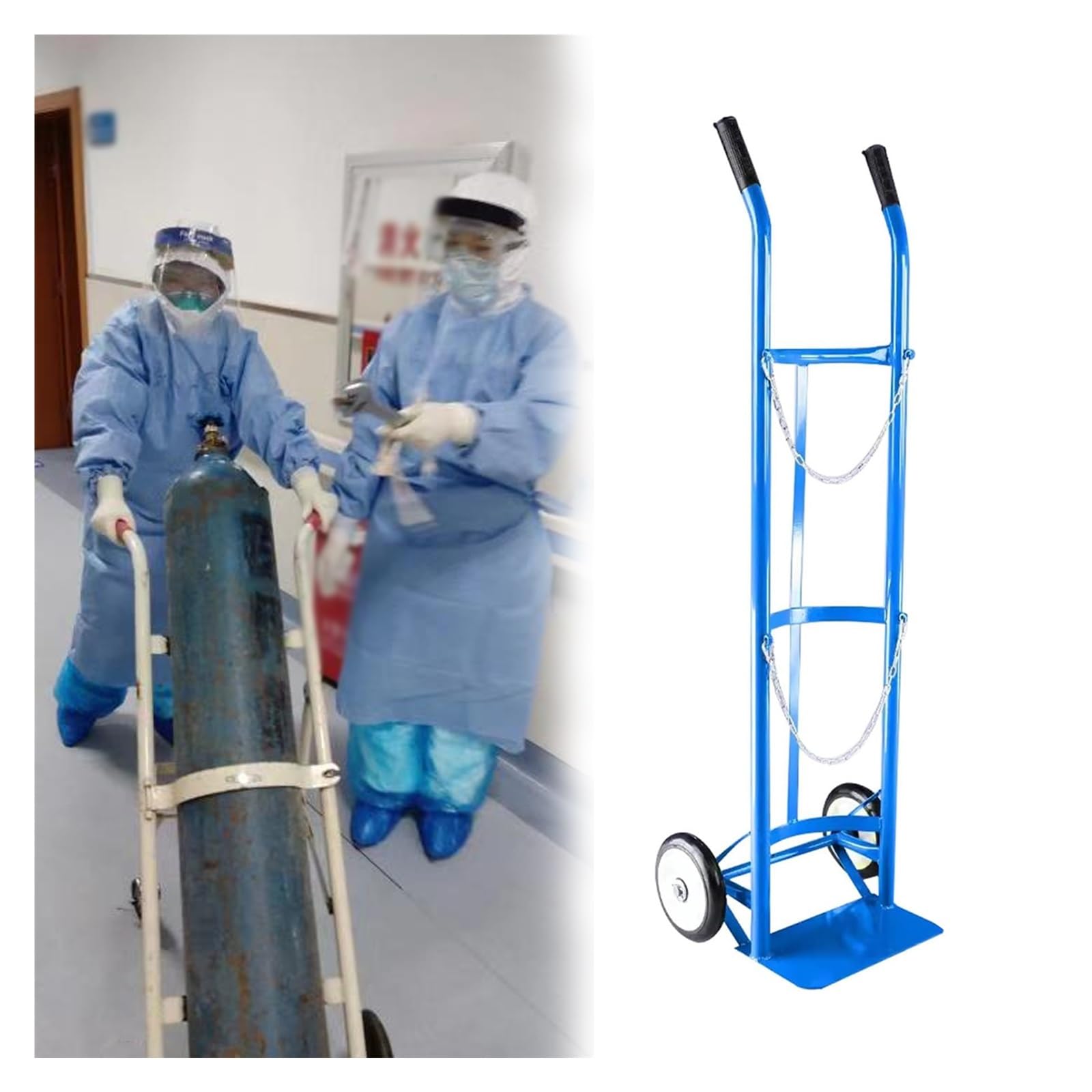 Supporto per cilindri blu da 140 x 112 cm, carrello pieghevole resistente per scuole e cliniche, supporto fisso per bombole del gas con catena di protezione e ruote (non pieghevole, 140 cm)