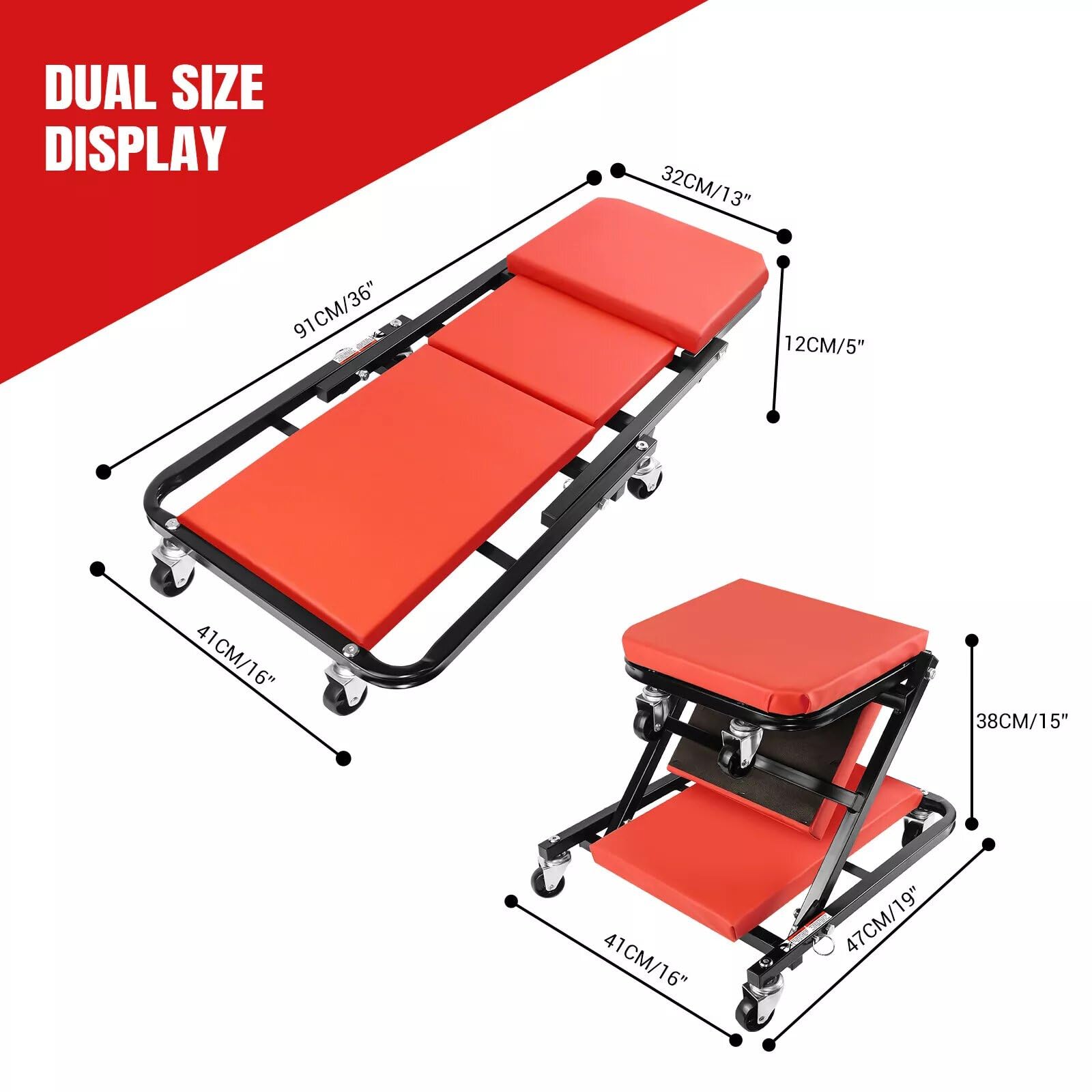 Asiento plegable de 36 pulgadas con ruedas en Z – Taburete de taller acolchado 2 en 1 y tabla de ruedas con ruedas giratorias