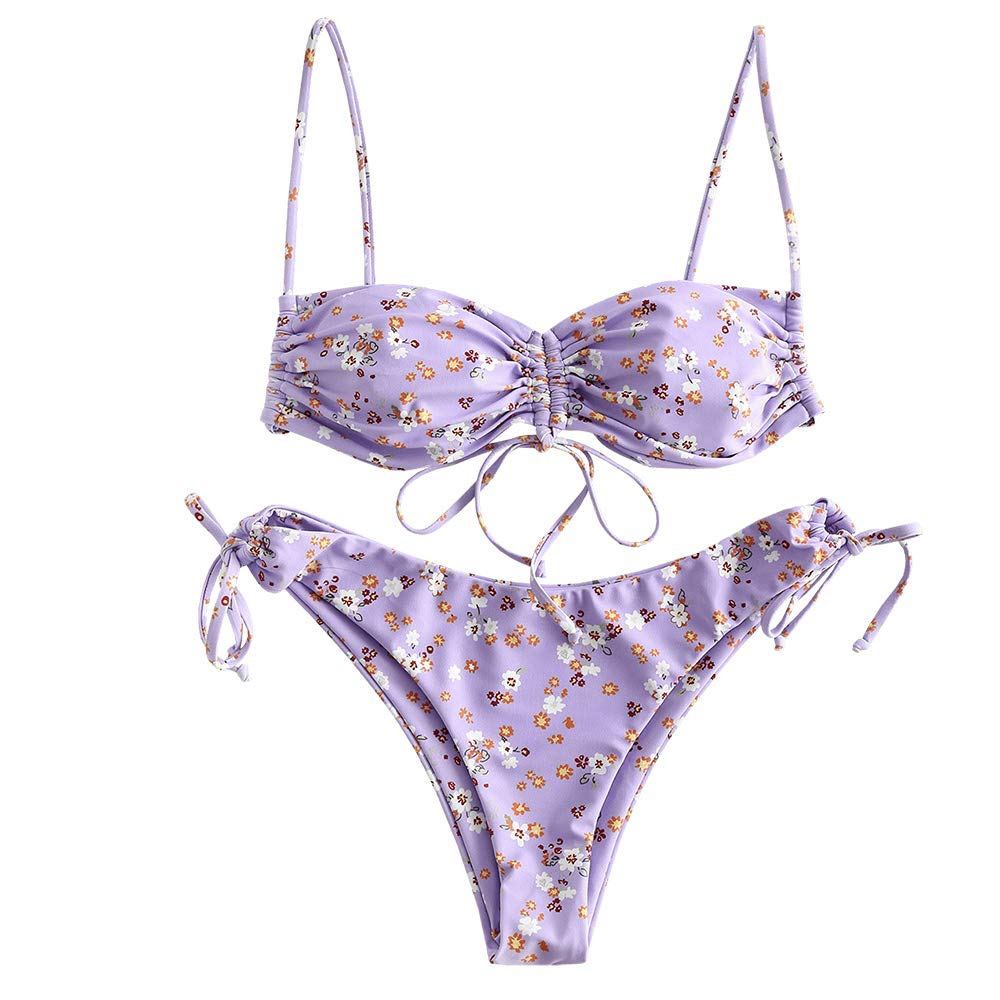ZAFULWomen's Floral Print Cinched Tie String Bandeau Bikini Set Swimsuit